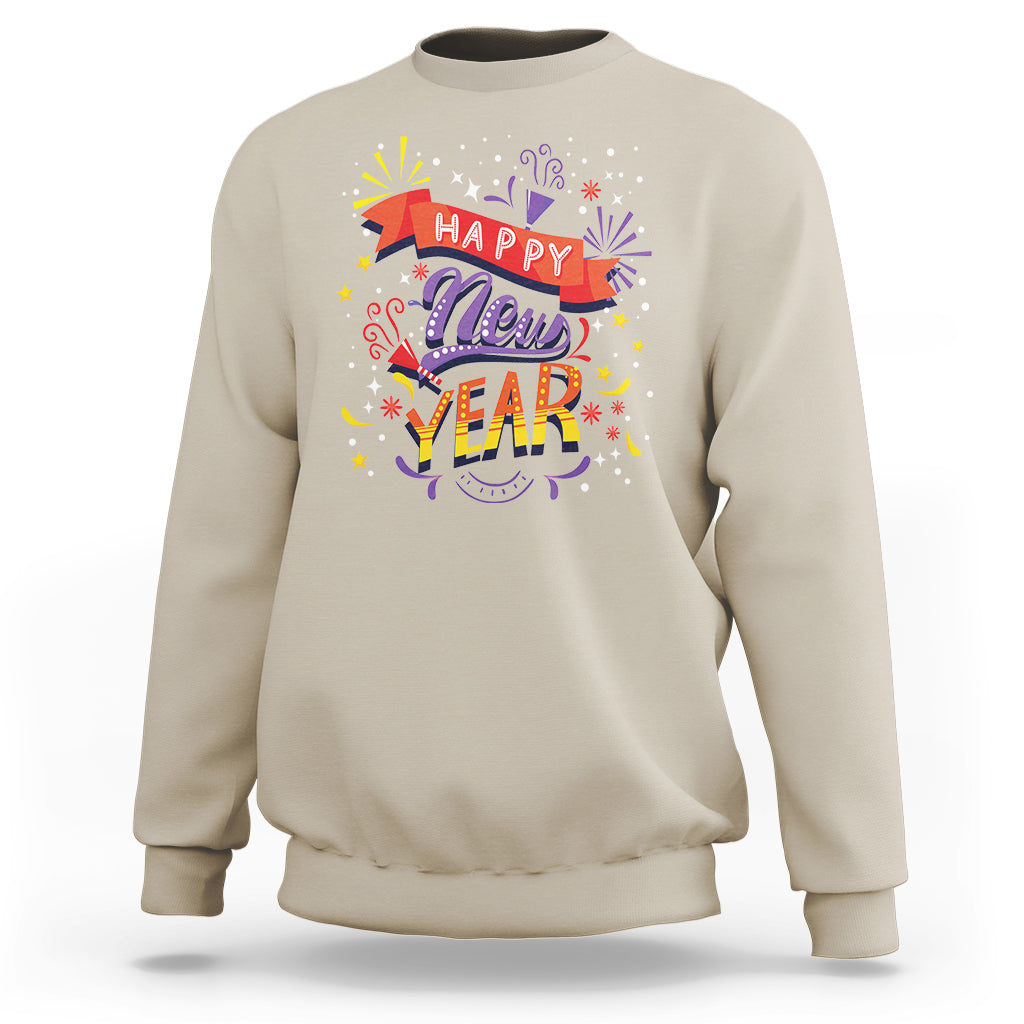 Sand crewneck sweatshirt with front 'Happy New Year' fireworks 'New Year' graphic