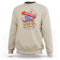 Sand crewneck sweatshirt with front 'Happy New Year' fireworks 'New Year' graphic