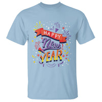 Light blue crewneck T-shirt with Happy New Year fireworks graphic