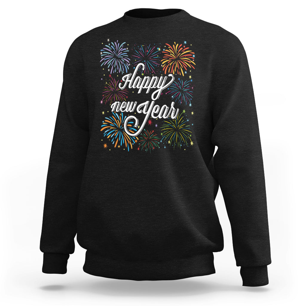 Black crewneck sweatshirt with colorful fireworks and “Happy New Year” front graphic