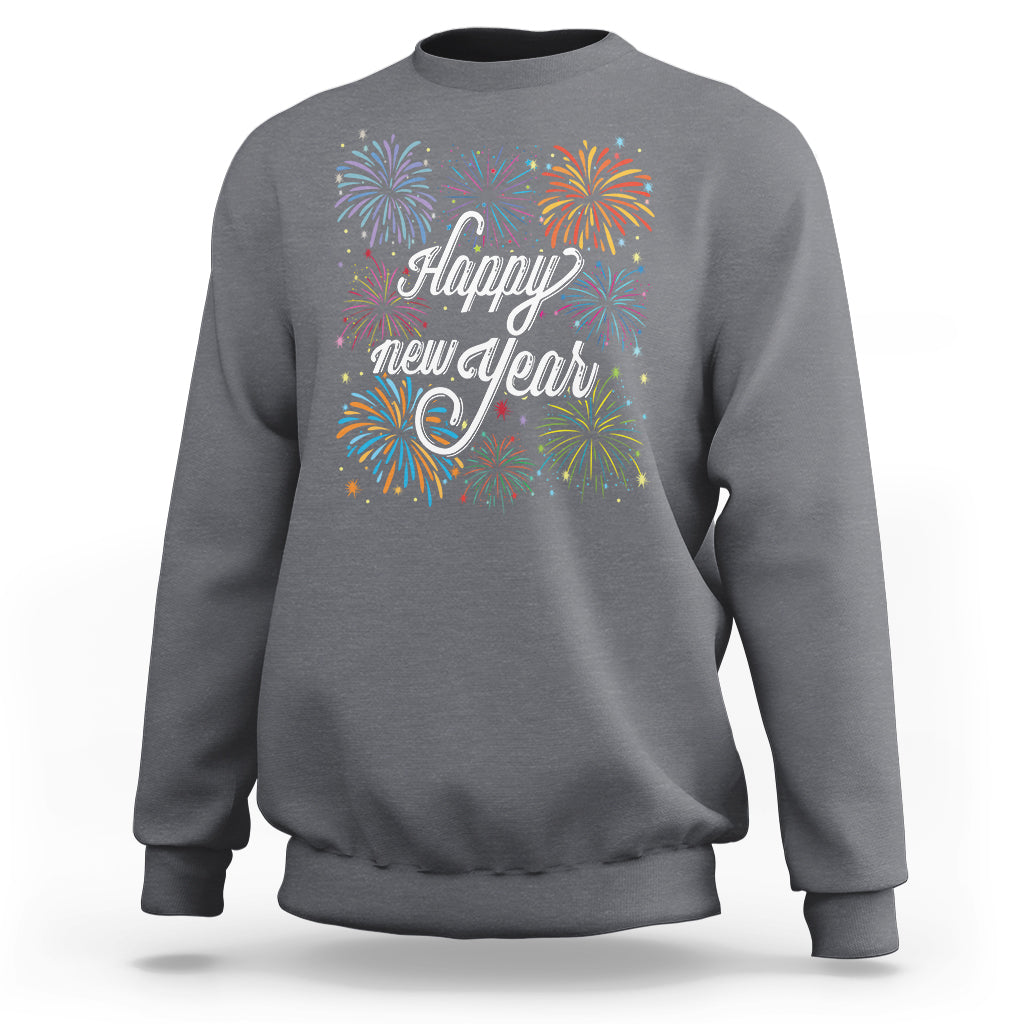 Charcoal gray crewneck sweatshirt with colorful fireworks and “Happy New Year” front graphic