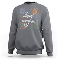 Charcoal gray crewneck sweatshirt with colorful fireworks and “Happy New Year” front graphic