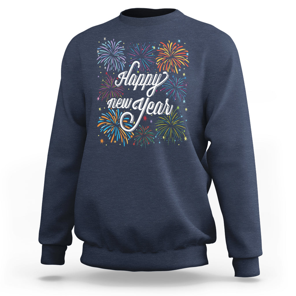 Navy crewneck sweatshirt with colorful fireworks and “Happy New Year” front graphic