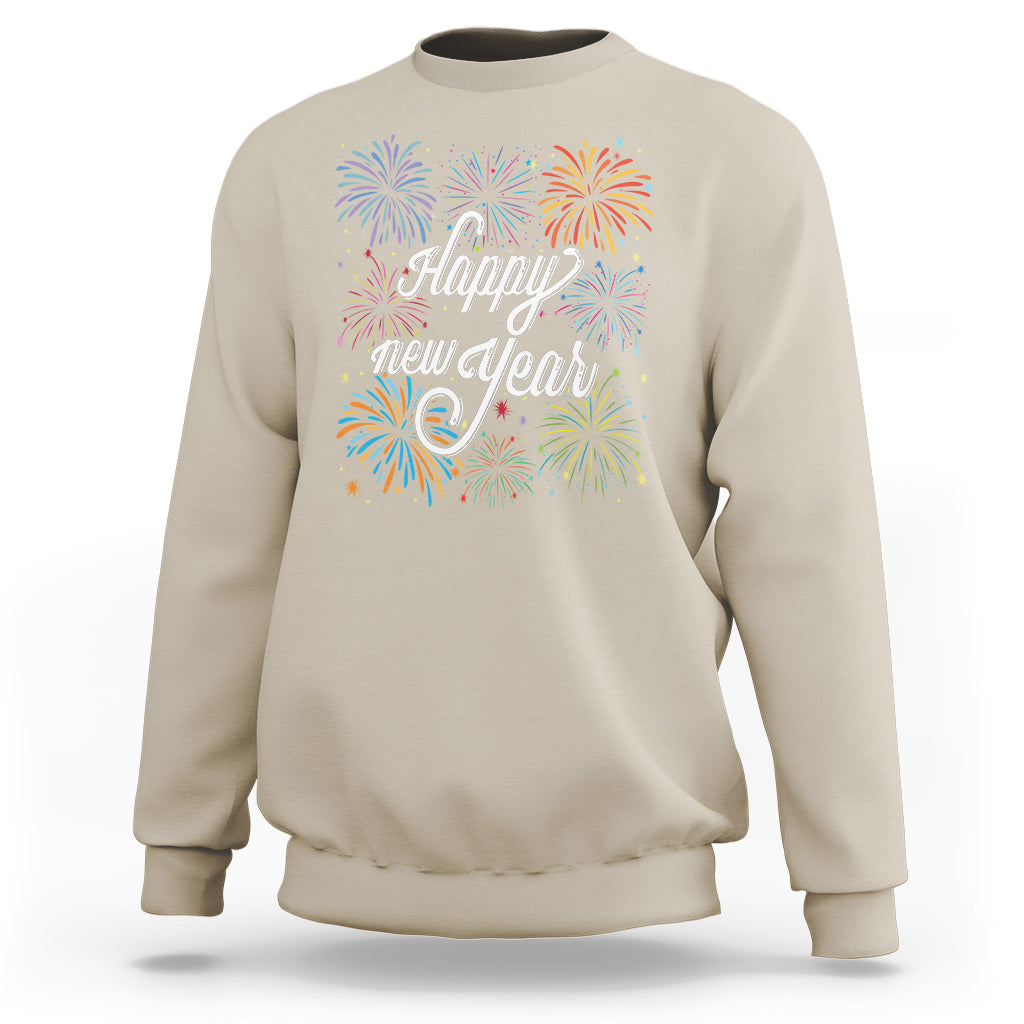 Sand beige crewneck sweatshirt with colorful fireworks and “Happy New Year” front graphic