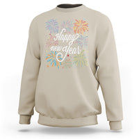 Sand beige crewneck sweatshirt with colorful fireworks and “Happy New Year” front graphic