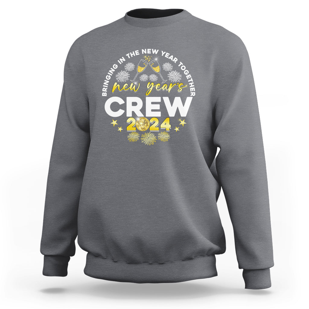 Charcoal gray crewneck sweatshirt with “new years crew 2024” graphic on chest