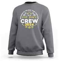 Charcoal gray crewneck sweatshirt with “new years crew 2024” graphic on chest