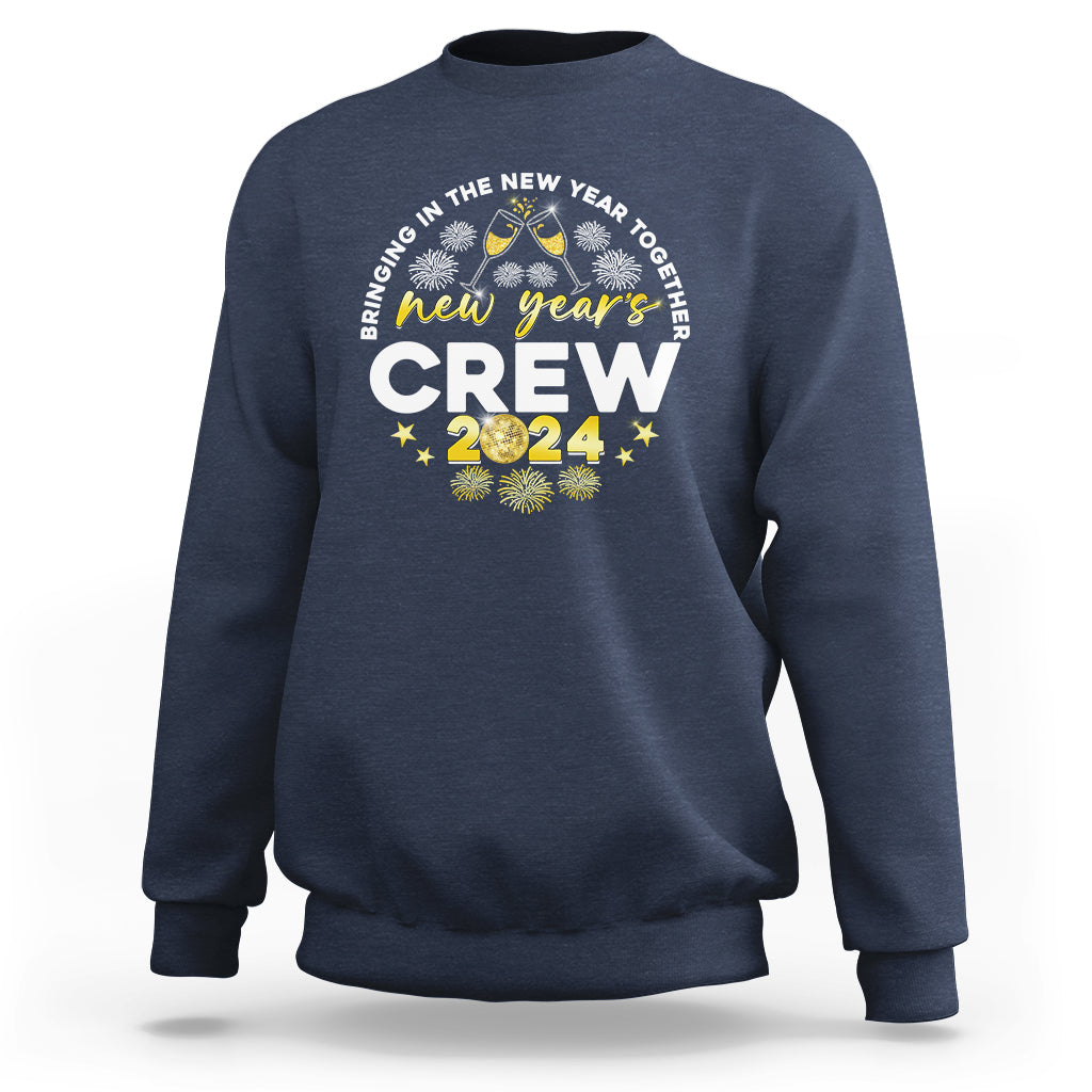 Navy crewneck sweatshirt with “new years crew 2024” graphic on chest