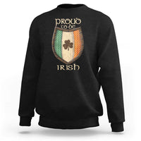 Black crewneck sweatshirt with shield shamrock and Proud to be Irish print