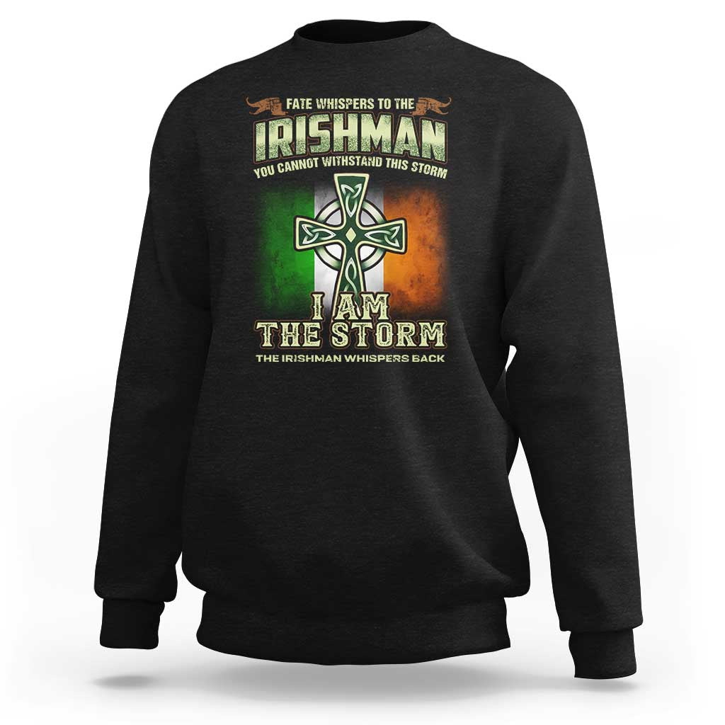 Black crewneck sweatshirt with Irish cross storm graphic on front
