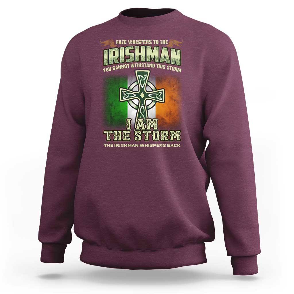 Maroon crewneck sweatshirt with Irish cross storm graphic on front