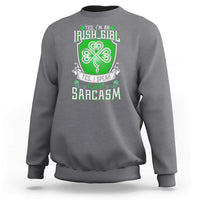Gray crewneck sweatshirt with centered clover graphic and slogan print