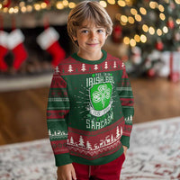 Green and red knitted Christmas sweatshirt with clover graphic and slogan, crew neck