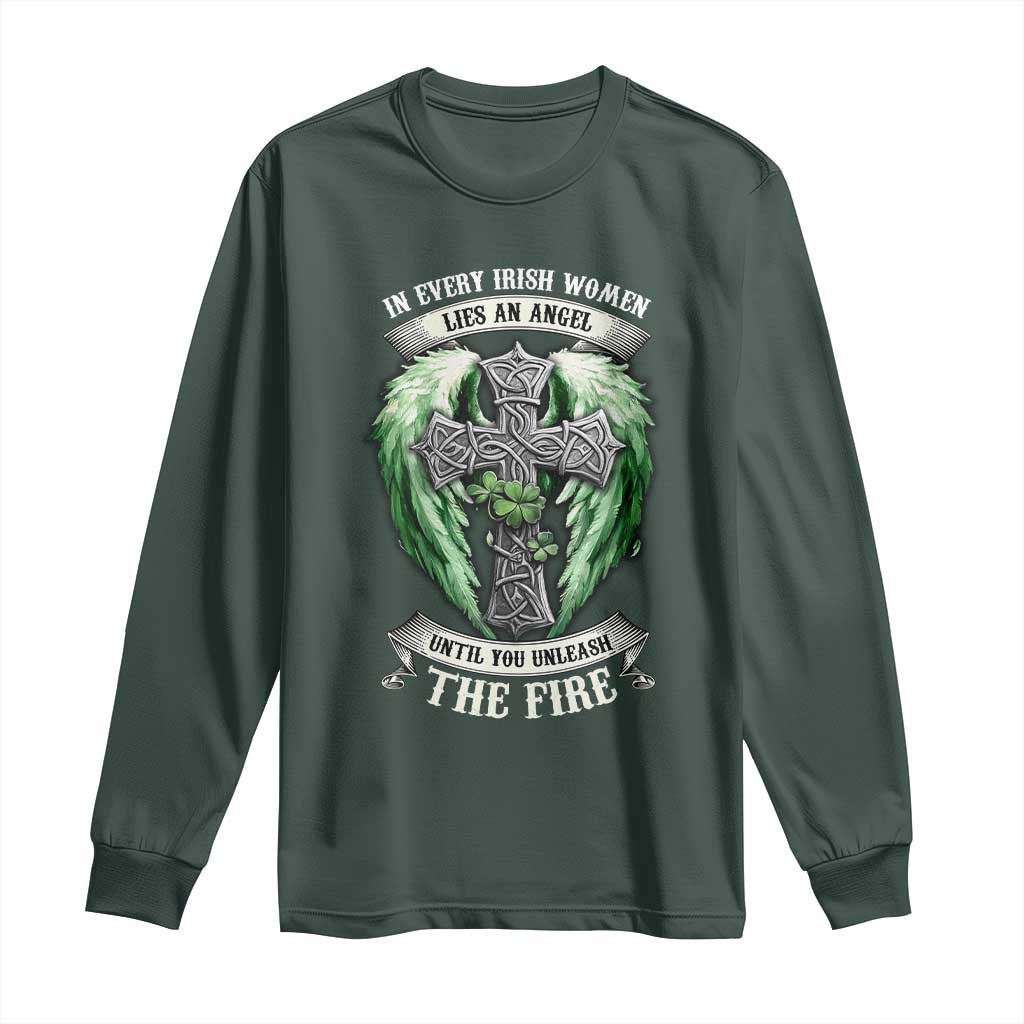 Irish Women Long Sleeve Shirt In Every Irish Woman Lies An Angel Until You Unleash The Fire