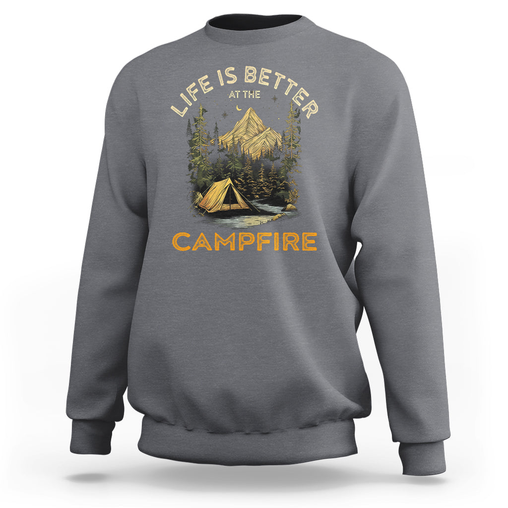Charcoal gray crewneck sweatshirt with campfire scene and “Life is better” text graphic