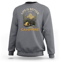 Charcoal gray crewneck sweatshirt with campfire scene and “Life is better” text graphic