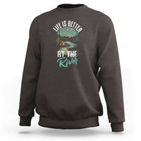 Dark chocolate crewneck sweatshirt with 'Life Is Better At The River' river graphic