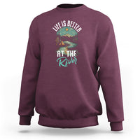 Maroon crewneck sweatshirt with 'Life Is Better At The River' river graphic