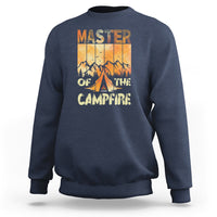 Slate blue crewneck sweatshirt with “Master of the Campfire” campfire graphic