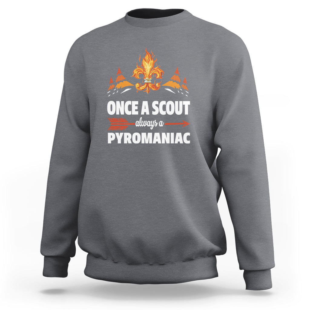 Charcoal gray crewneck sweatshirt with orange campfire graphic and 'PYROMANIAC' text
