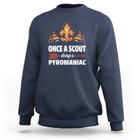 Navy crewneck sweatshirt with orange campfire graphic and 'PYROMANIAC' print