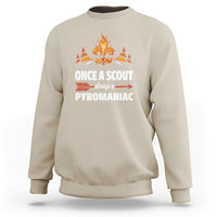 Sand crewneck sweatshirt with orange campfire graphic and 'ONCE A SCOUT' print