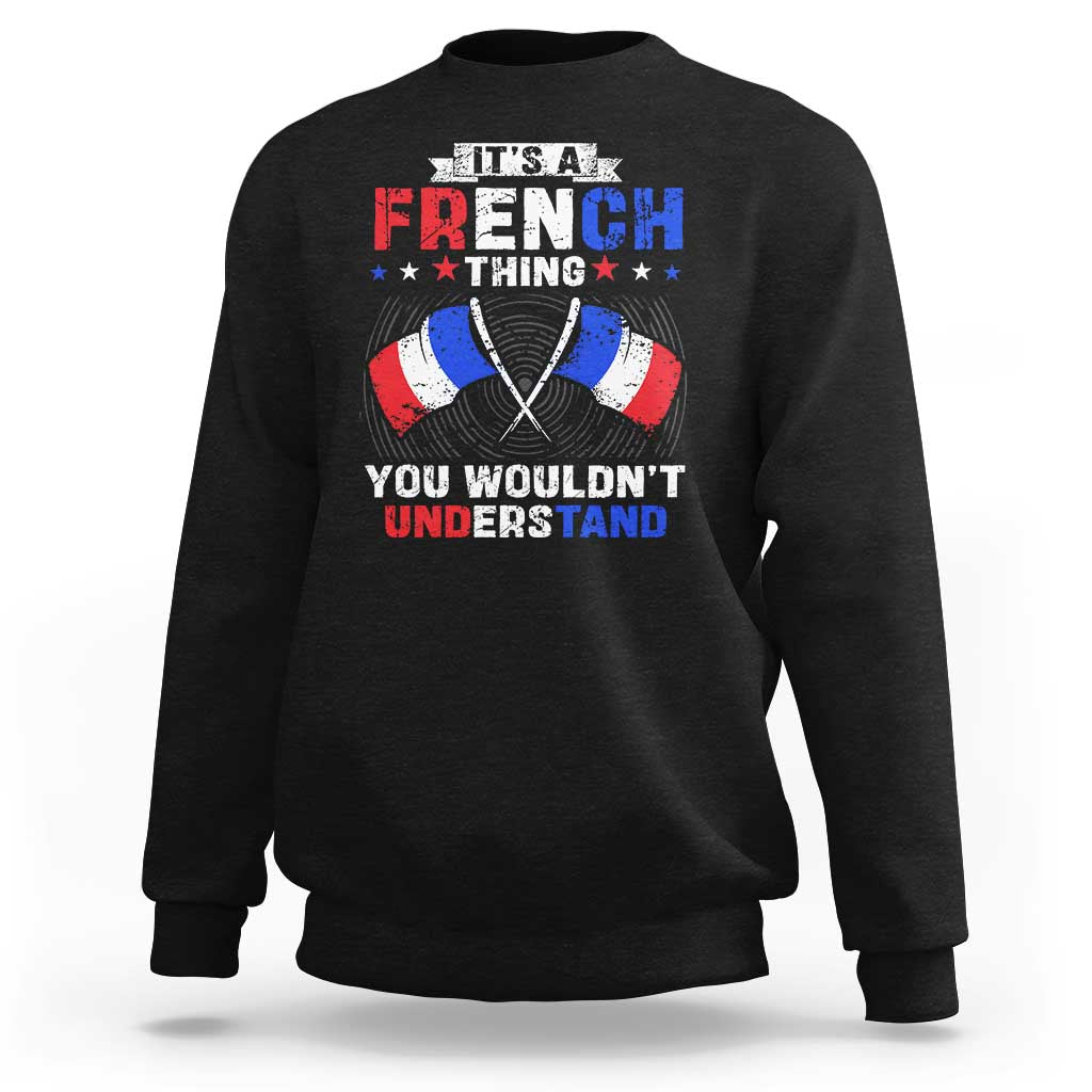 Black crewneck sweatshirt with large French-themed graphic print on chest