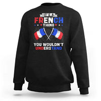 Black crewneck sweatshirt with large French-themed graphic print on chest