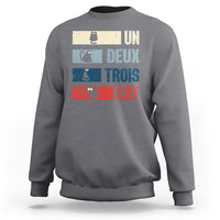 Gray sweatshirt with “UN DEUX TROIS CAT” graphic and striped cat blocks on front