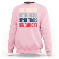 Light pink sweatshirt with “UN DEUX TROIS CAT” graphic and striped cat blocks on front