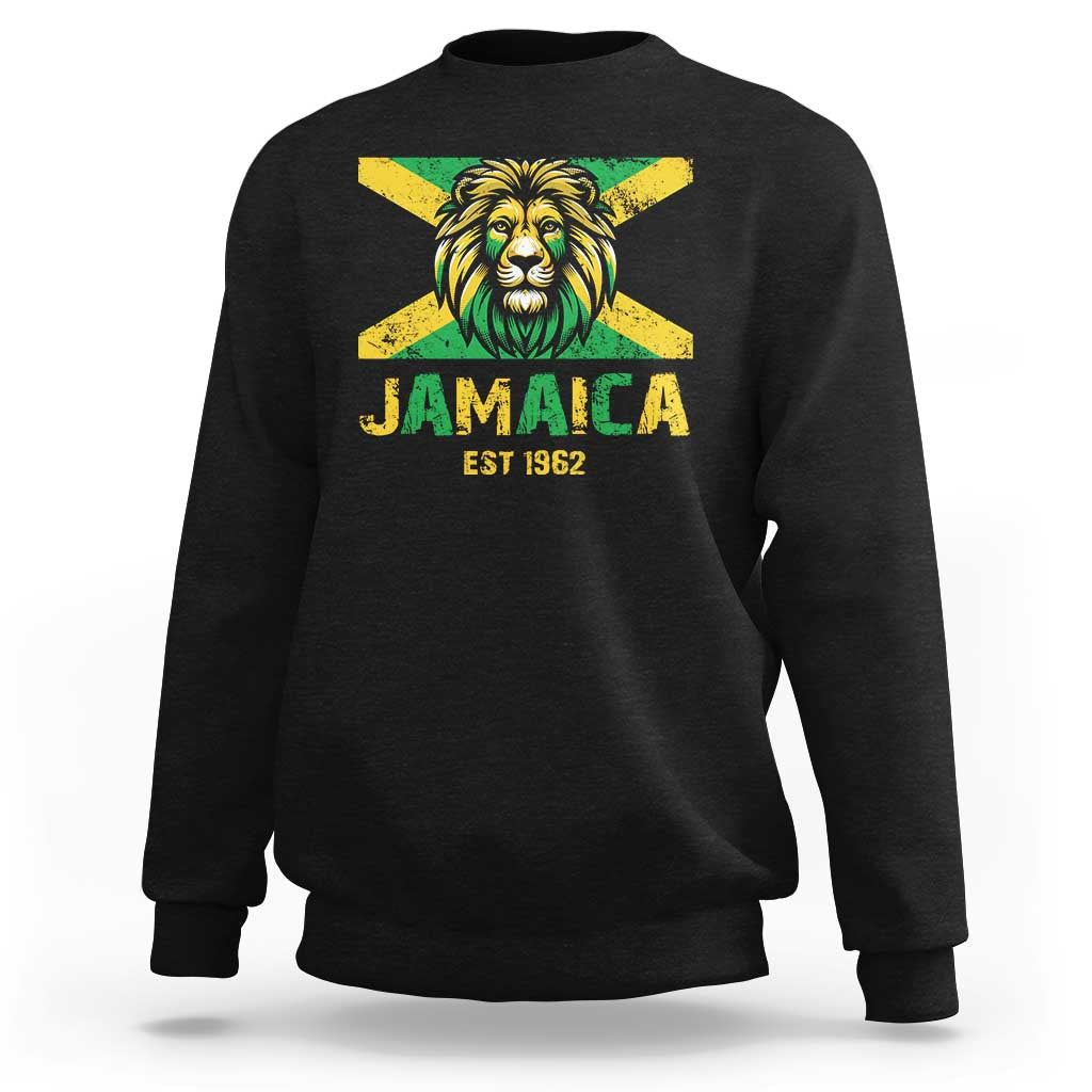 Black crewneck sweatshirt with lion Jamaica graphic and EST 1962 print