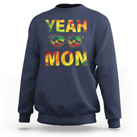 Navy crewneck sweatshirt with 'YEAH MON' graphic and sunglasses print