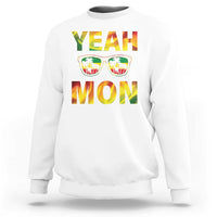 White crewneck sweatshirt with 'YEAH MON' graphic and sunglasses print