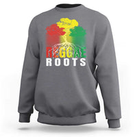 Charcoal gray sweatshirt with multicolor tree and “Reggae Roots” logo graphic