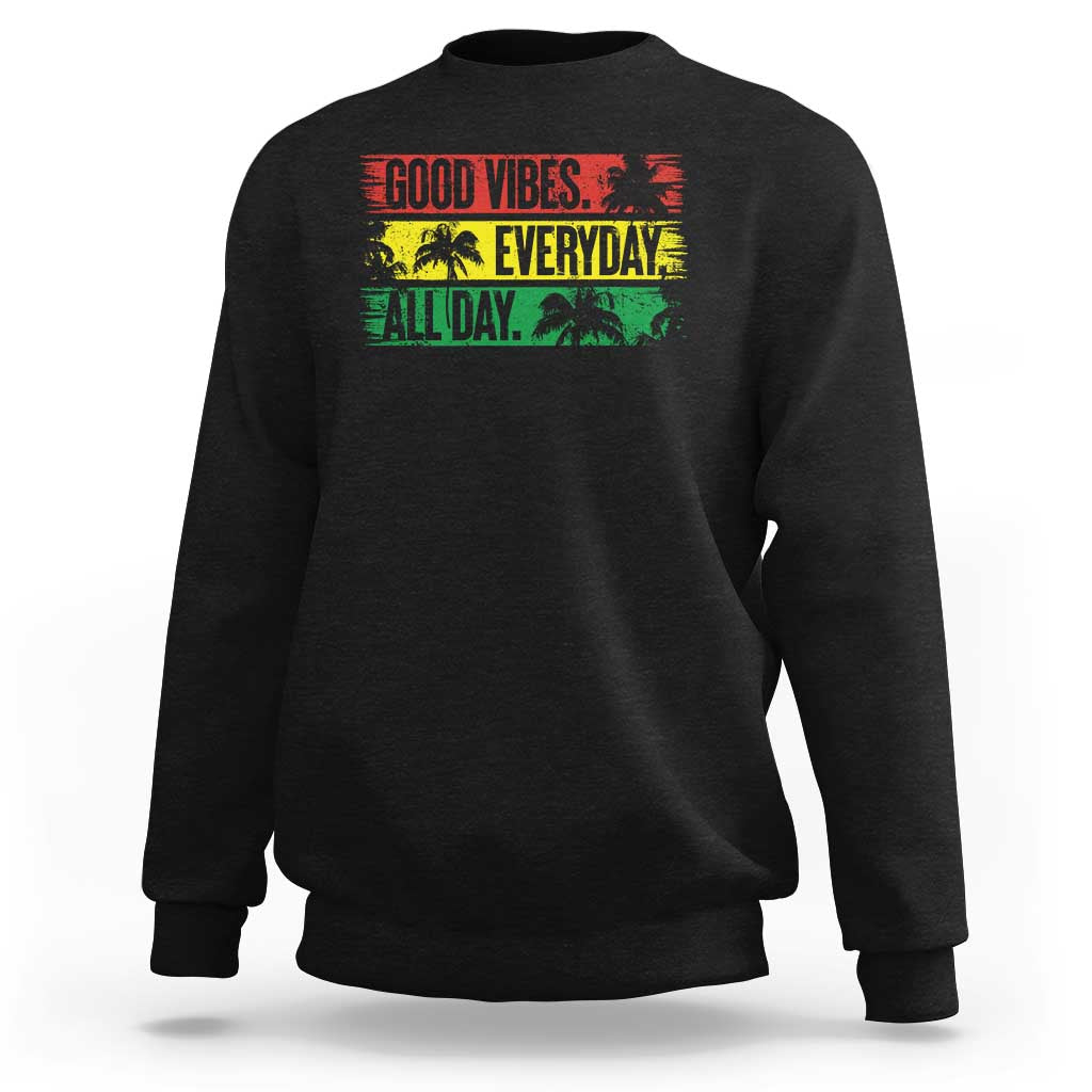 Black sweatshirt with multicolor tropical 'Good Vibes' graphic