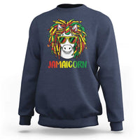 Navy unisex sweatshirt with front Jamaicorn unicorn graphic and red lettering