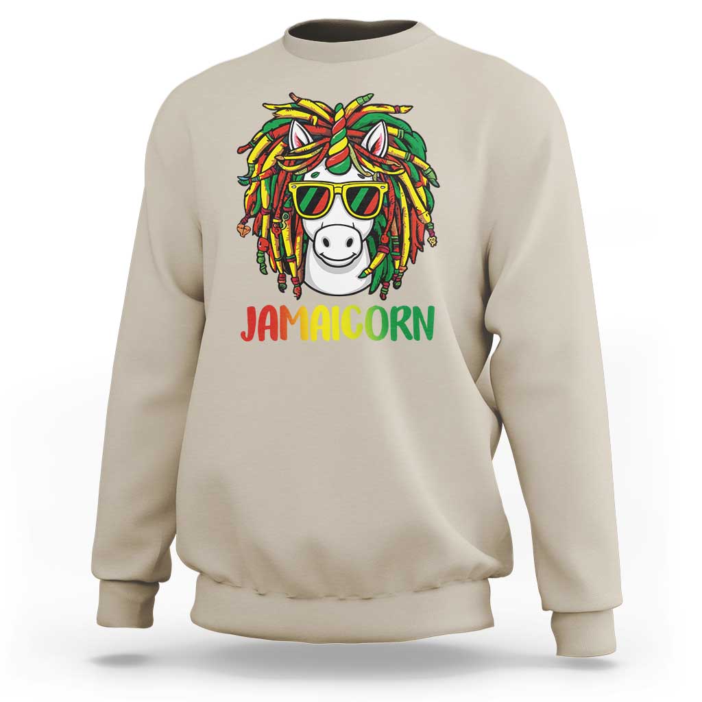 Sand unisex sweatshirt with front Jamaicorn unicorn graphic and red lettering
