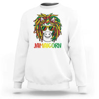 White unisex sweatshirt with front Jamaicorn unicorn graphic and red lettering