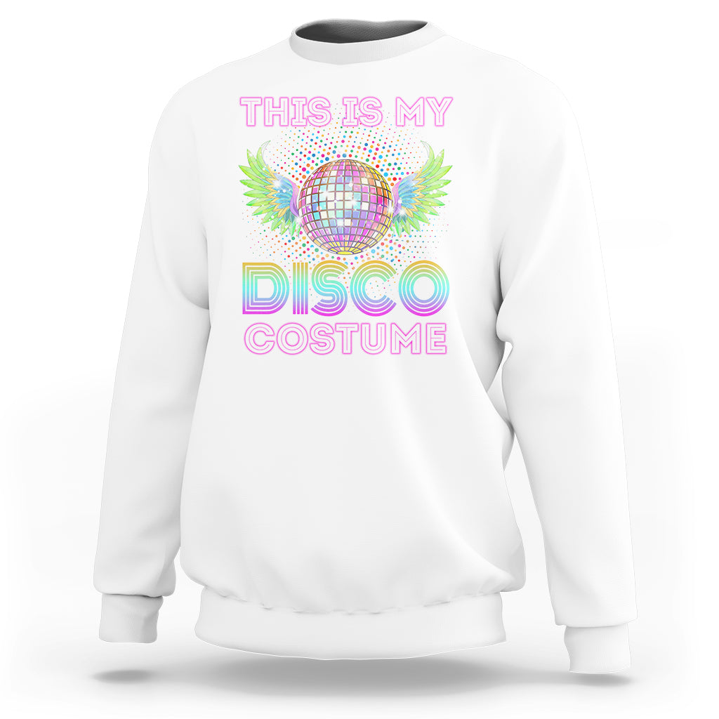 White sweatshirt with rainbow disco ball and “DISCO COSTUME” front graphic