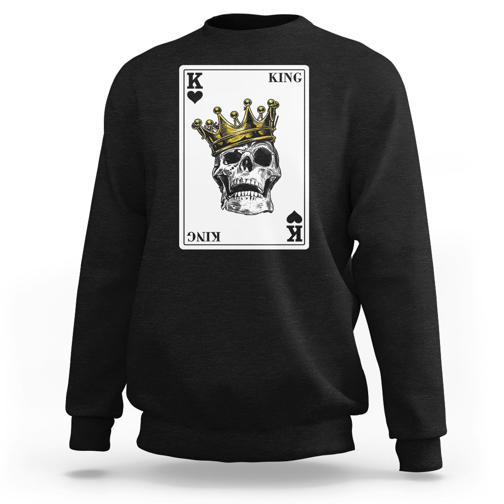 Black sweatshirt with front king card and gold crown skull graphic