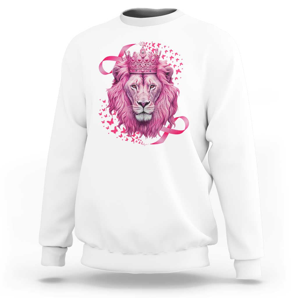 White crewneck sweatshirt with pink lion warrior graphic and crown at center.