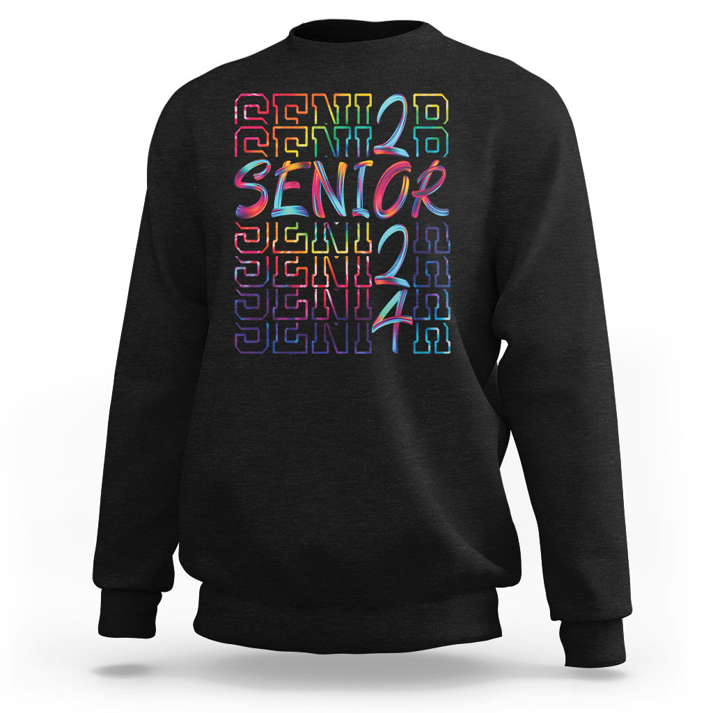 Black crewneck sweatshirt with colorful 'Senior 2024' graduation text graphic