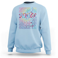 Light blue crewneck sweatshirt with colorful 'Senior 2024' graduation text graphic