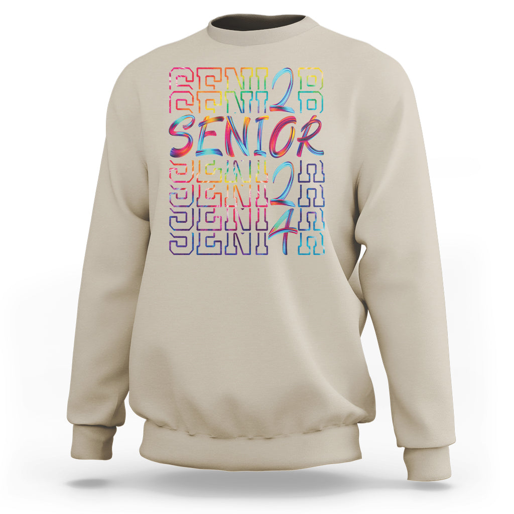 Sand crewneck sweatshirt with colorful 'Senior 2024' graduation text graphic