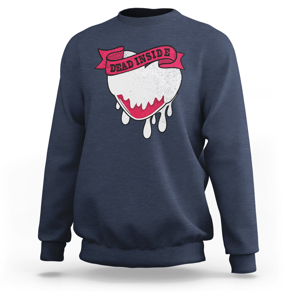 Navy crewneck sweatshirt with “Dead Inside” melting heart graphic