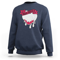 Navy crewneck sweatshirt with “Dead Inside” melting heart graphic