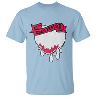 Light blue crewneck T-shirt with red “Dead Inside” ribbon and white melting heart graphic