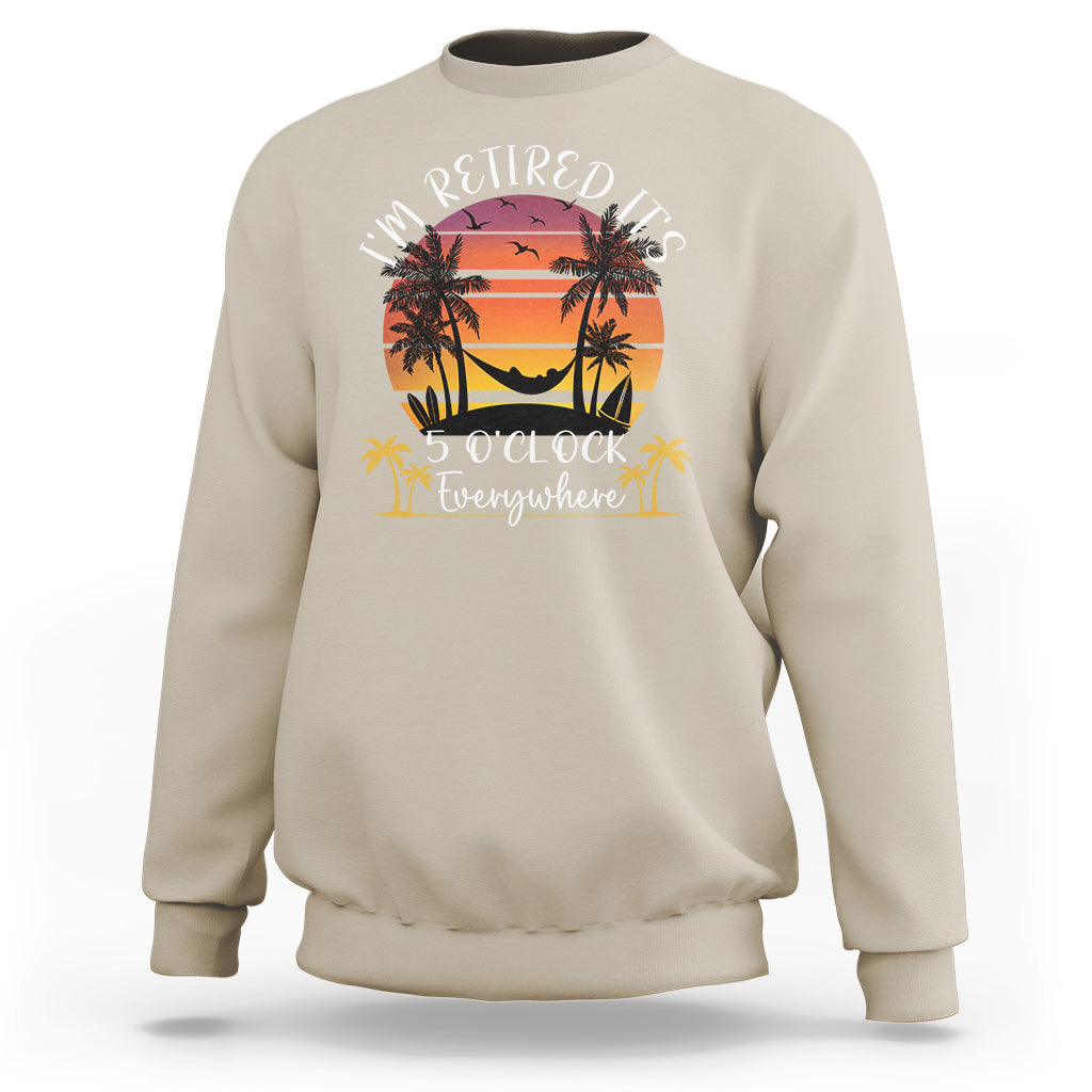 Sand crewneck sweatshirt with palm sunset graphic and “5 O’Clock” text on front