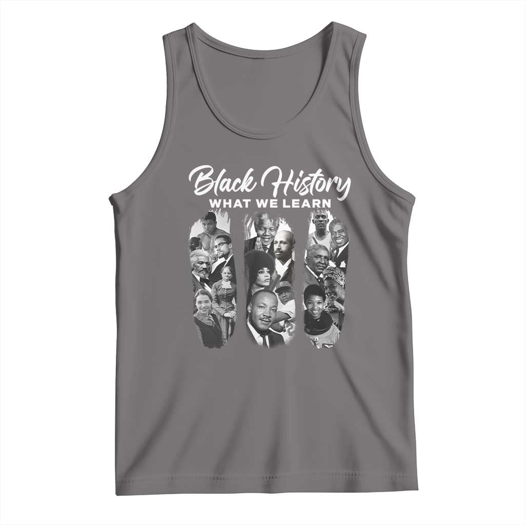 Dark heather black history tank top with front graphic text and portrait collage