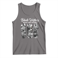 Dark heather black history tank top with front graphic text and portrait collage